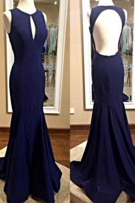 Navy Jersy Mermaid Prom Dress With Open Back