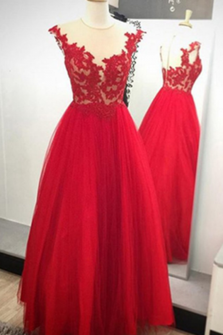 Long Red Tulle Prom Dress With Illusion Bodice