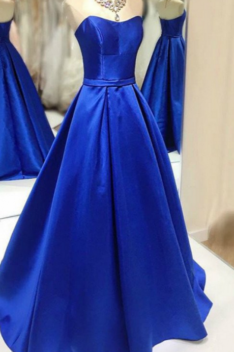 Strapless Royal Blue Satin Prom Dress With Corset Back