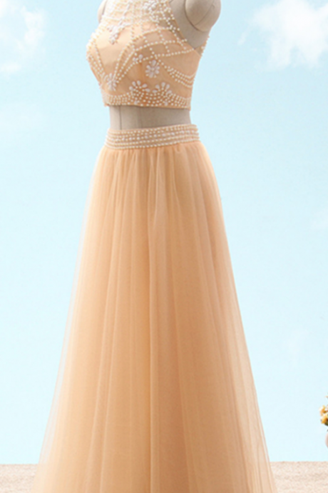 High Neck 2 Pieces Prom Dress With Beaded Top Evening Dresses