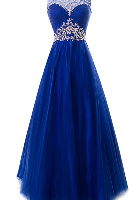 Long Royal Blue Prom Dress With Beaded Illusion Neck