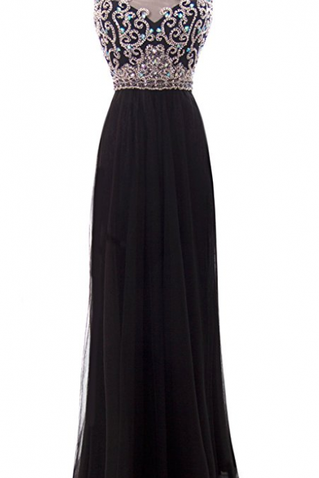 Illusion Neck Beaded Floor Length Black Prom Dress With Keyhole Back