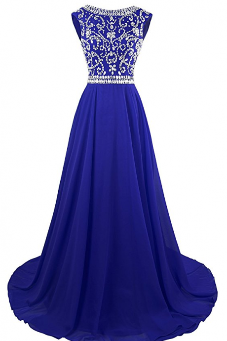 Long Royal Blue Chiffon Prom Dress With Jeweled Bodice