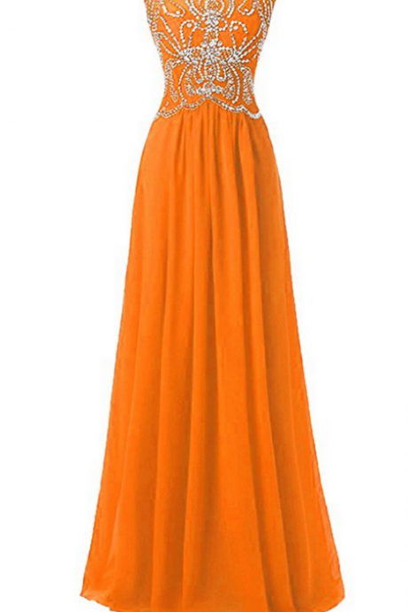 Scoop Neckline Floor Length Orange Chiffon Prom Dress with Beading