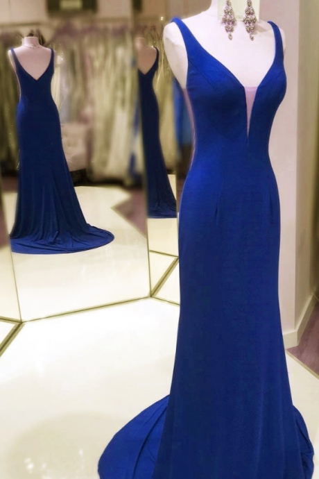 Plunging Neck Floor Length Royal Blue Jersy Prom Dress With Open V-back