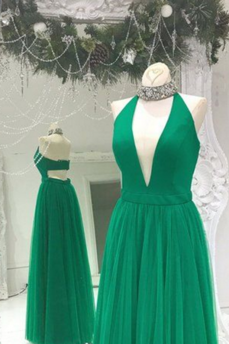 Emerald Green Beaded Halter Party Dress