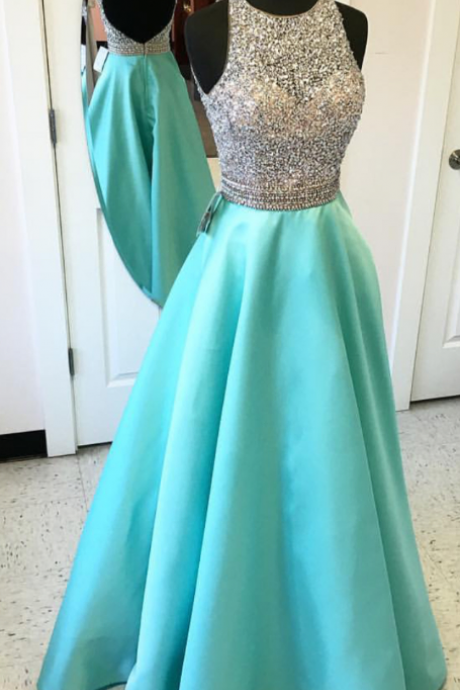 Beaded Mint Prom Dress With Open Back Evening Dresses