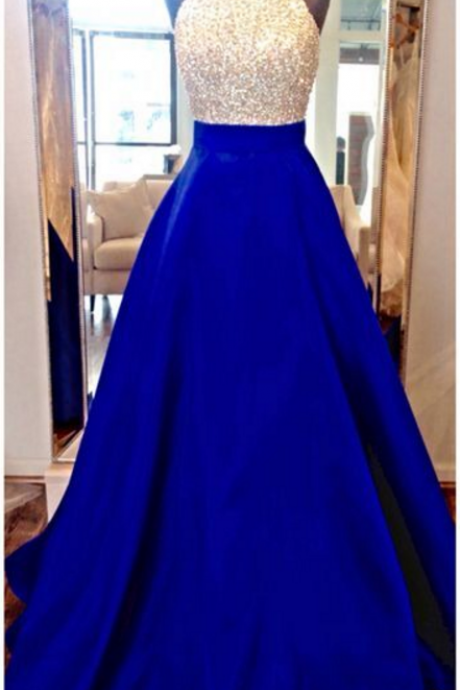 Sparkle Beaded Halter Royal Prom Dress With Open Back Evening Dresses