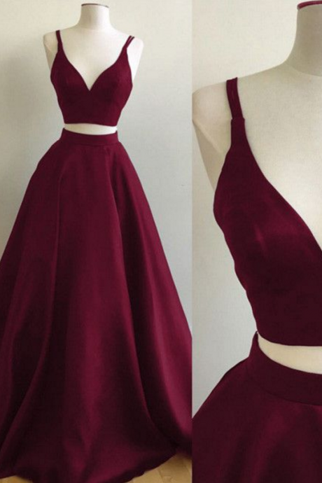 Burgundy A-line Straps Two Piece Formal Dress Sleeveless Elegant Prom Dress Evening Dresses