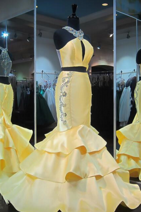 Gorgeous Zipper Yellow Prom Dresses,Evening Gown Mermaid Halter Yellow Formal Dresses,Ruffles Sleeveless Crystals Prom Dress