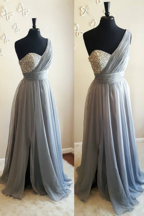 Beaded One Shoulder Prom Dress,Bridesmaid Dress, Formal Party Dresses, Long Grey Evening Dress