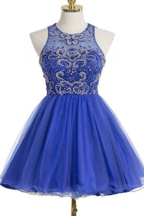 Open Back Short Royal Blue Beaded Graduation Dress, Homecoming Dress,