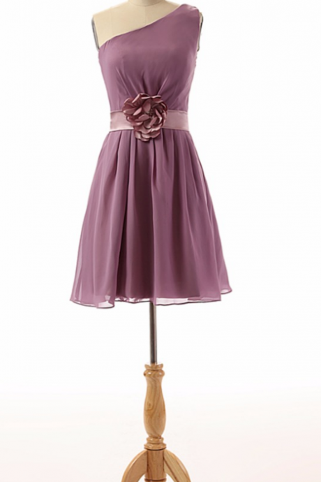 One-shoulder A-line Short Mini Homecoming Dress, Cocktail Dress, Bridesmaid Dress With Flower Detail