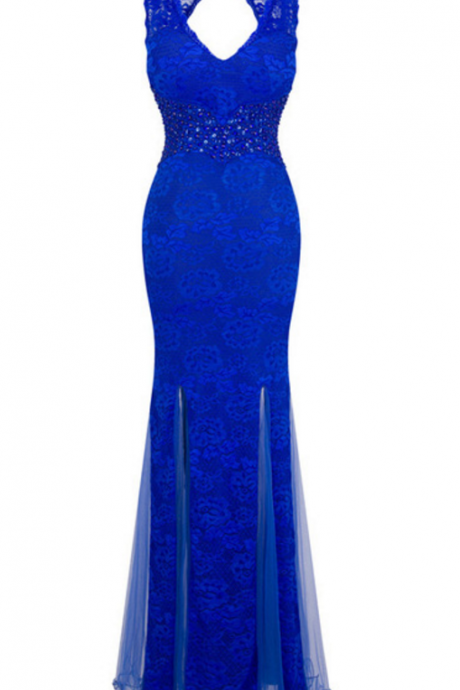 Sleeveless V-neck Lace Beaded Mermaid Floor-length Prom Dress, Evening Dress Featuring Keyhole Back