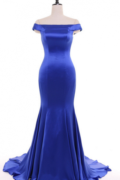 Royal Blue Off-the-shoulder Mermaid Long Prom Dress, Evening Dress With Train
