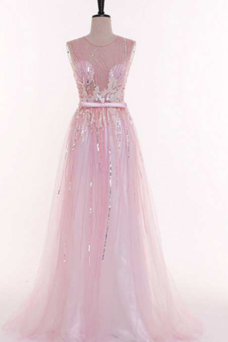 Rosette of Rose Sparkly Sleeveless Mesh Tulle Prom Dress, Formal Evening Dress