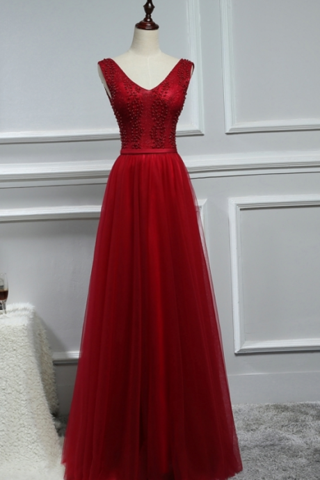 Dress Party Red Wine Light Pearl Long Wedding Dress Party Beautiful Dress, 5th Neck Use Dance