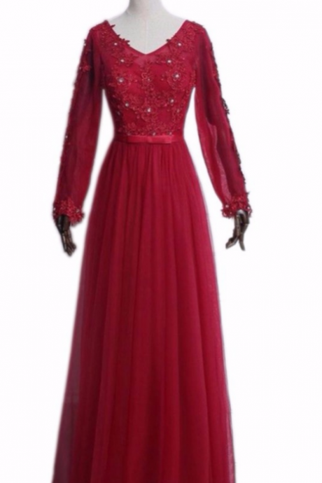 Appliques Red Wine Sexy- Pearl Of Pearl Length Dress In The Evening Long Sleeves Open Burning Dress Beautiful Wedding Dinner Evening Dress