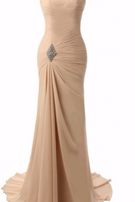Champagne Ruched Sweetheart Floor Length Trumpet Prom Dress Featuring Beaded Embellishment And Sweep Train