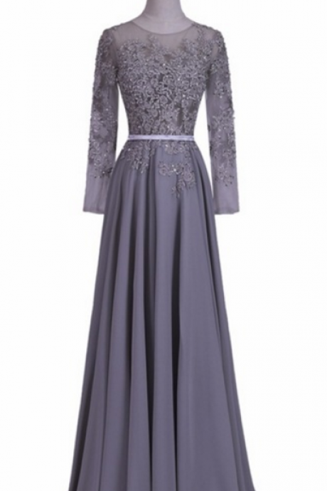Silk Night Long Grey O- - To - Fashion Dress Formally Appliques Pearl Open Burning Wedding Gown Evening Long Sleeves Party L Dress