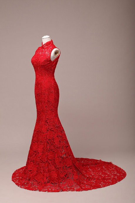 Red Sleeveless Mandarin Collared Lace Mermaid Long Prom Dress, Evening Dress, Traditional Cheongsam