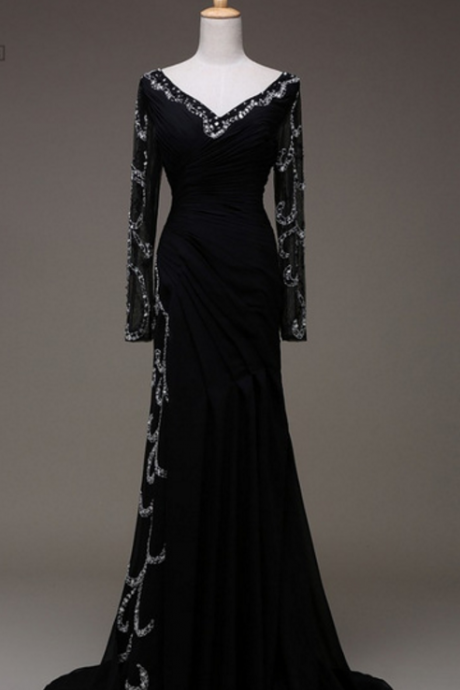 Black V-Neck Beaded Ruched Mermaid Long Prom Dress, Evening Dress with Long Sheer Sleeves and Sheer Back