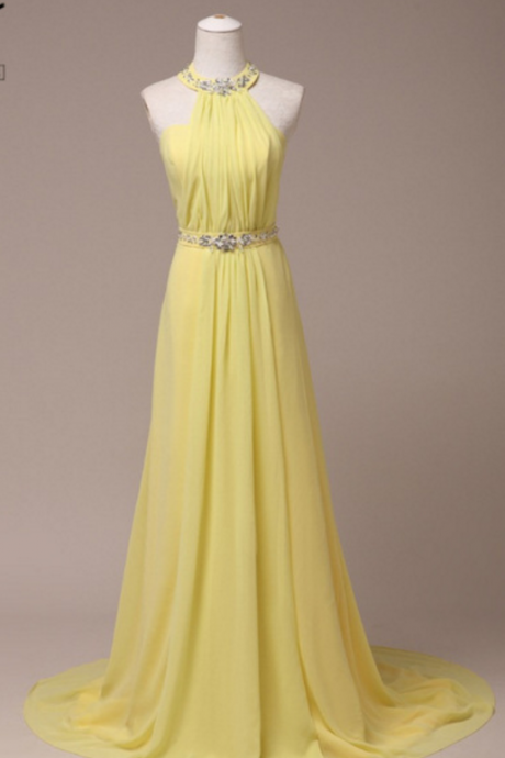 Fashionable 100% Actual As Sample A-ligne Red Yellow Seat Belt Halter Pearl Wedding Night's Sexy Long Pleated Party Dress