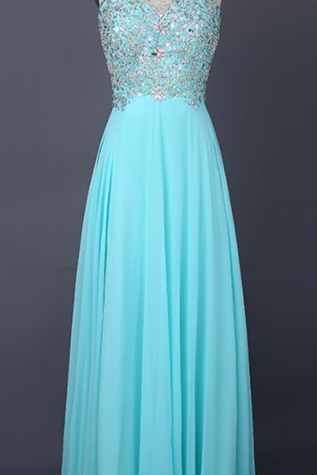 Halter Sheer Beaded A-line Floor-length Prom Dress, Evening Dress Featuring Keyhole Back