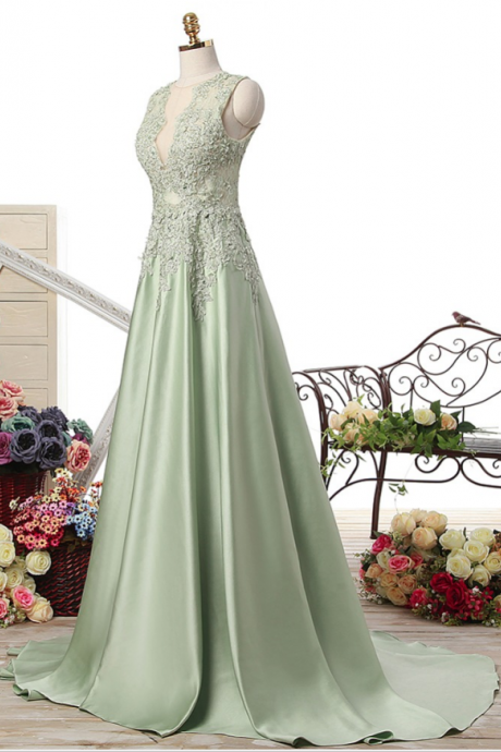 Sleeveless Plunging V Lace Appliqués A-line Satin Long Prom Dress, Evening Dress With Train