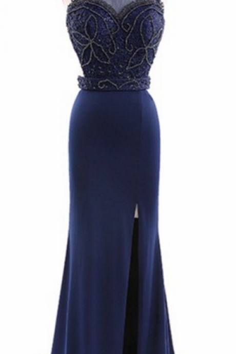 Halter Sheer Beaded Mermaid Long Prom Dress, Evening Dress Featuring Side Slit, Open Back And Ruffle Sweep Train