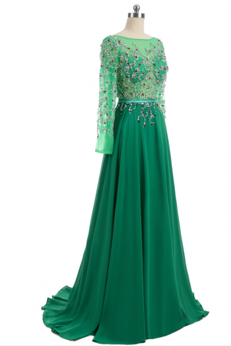 Green Bateau Sheer Crystal Beaded A-line Long Prom Dress, Evening Dress with Long Sleeves and Open Back