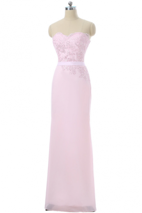 Strapless Lace Appliqués Chiffon Sheath Floor-length Prom Dress, Evening Dress