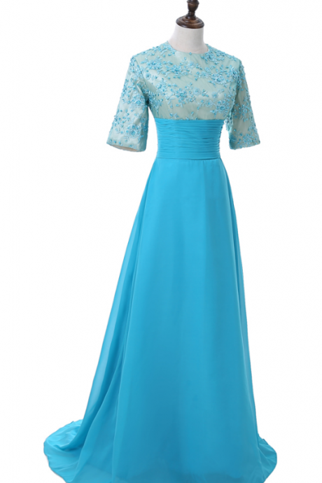 Blue Wedding Dress Party High Collar Short - Sleeved Lace Field Casual Women's Long Gown Evening Gown Evening Gown Evening Gown