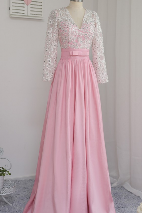Rose Wedding Dress Party V-er Long Sleeve Taffeta Dress In The Evening Dress Of The Evening Gown Of The Evening Gown