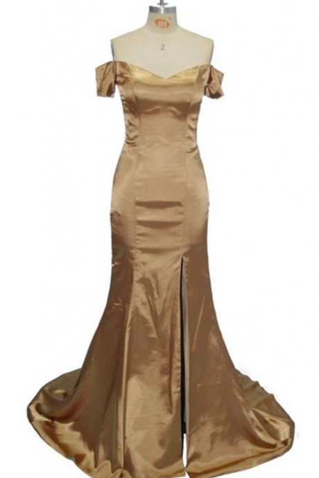 Custom Made Gold Satin Off-shoulder High Split Floor-length Formal Dress, Evening Dress, Bridesmaid Dresses, Weddings, Prom Dresses