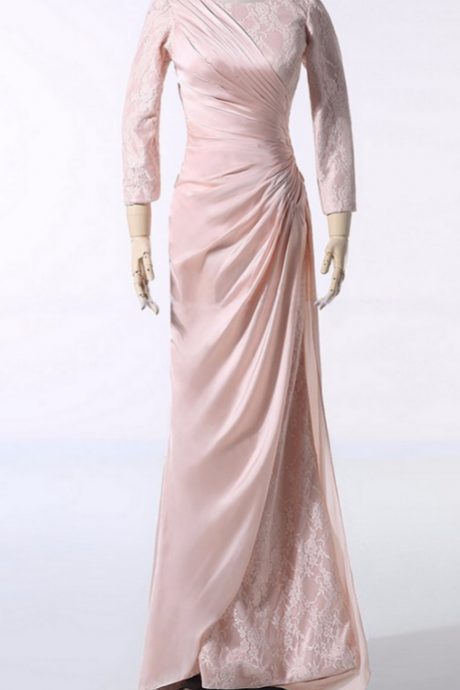 Long Pink Ball Gowns Lace Long Sleeve Ball Gown Silk Evening Gown
