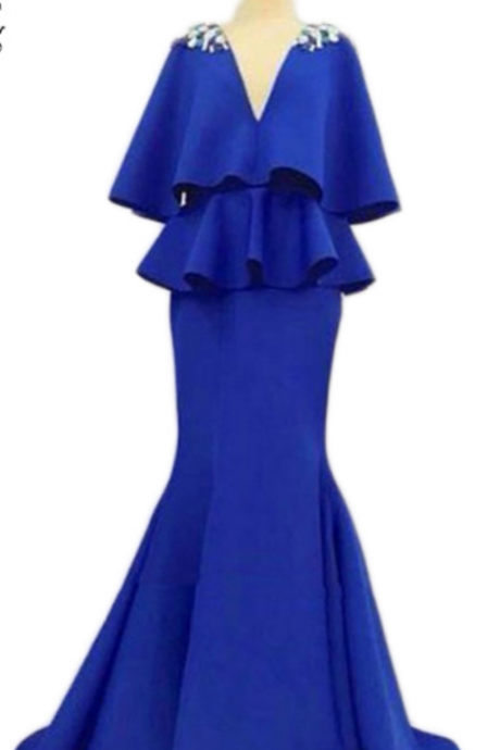 Mermaid Royal Blue Formal Wedding Party Dresses Crystal Outdoor Dress Long Sleeve V Neck Semi-formal Evening Dress