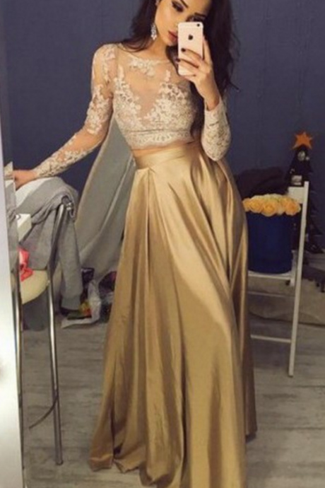 Two Piece Crew Floor-length Long Sleeves Gold Stretch Satin Prom Dress With Lace