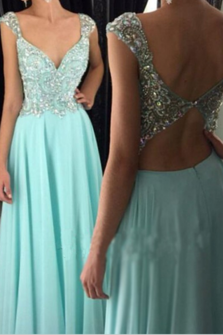 Sexy A-line V-neck Floor Length Blue Prom Dress/evening Dress With Beading