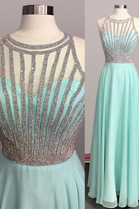 A-line Jewel Sleeveless Floor-length Mint Green Prom Dress With Beading
