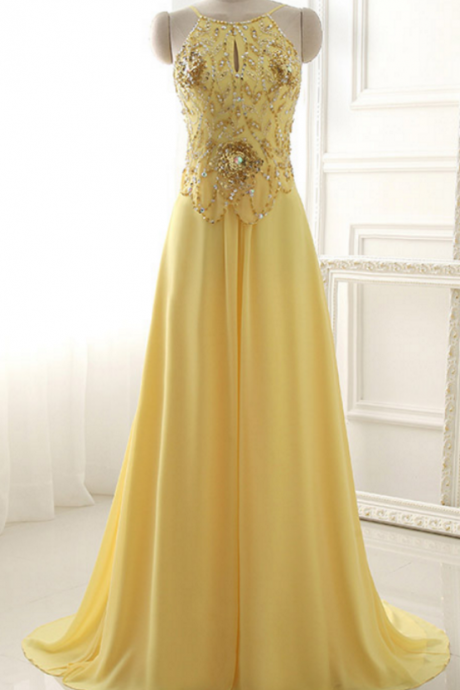 , Yellow Dress, Outdoor Dress Sexy Silk Pearl Of Foil Sleeveless Women Formal Party Dress