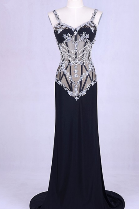 Mermaid Dress Night Spaghetti With Black Silk Strass Intermittently Long-term Perspective And In The Open Dress Evening Dress