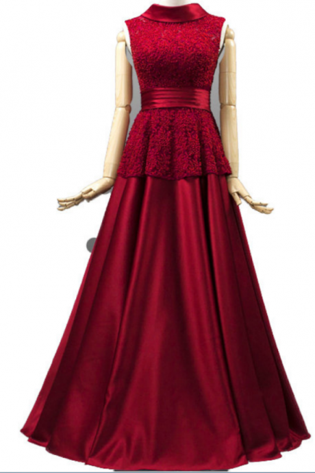 Homemade Long Beautiful Skirt And Evening Red! Sleeveless Formal Dress Lace Satin Women's Gown Night Party