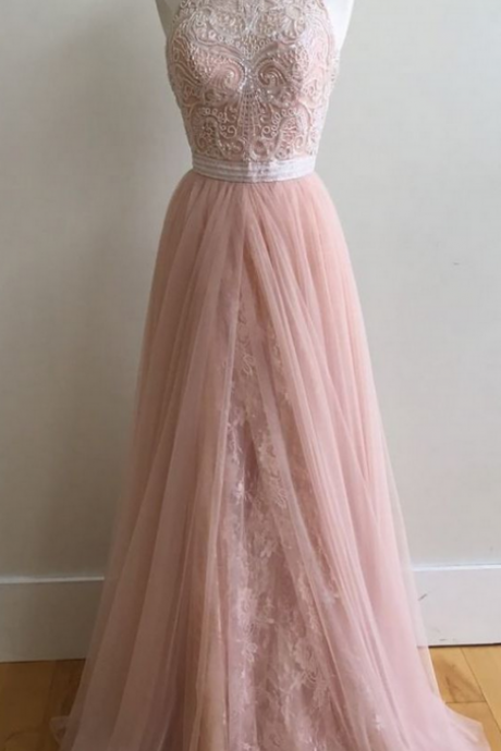 Halter Beaded Tulle A-line Long Prom Dress, Evening Dress Featuring Lace Appliqués