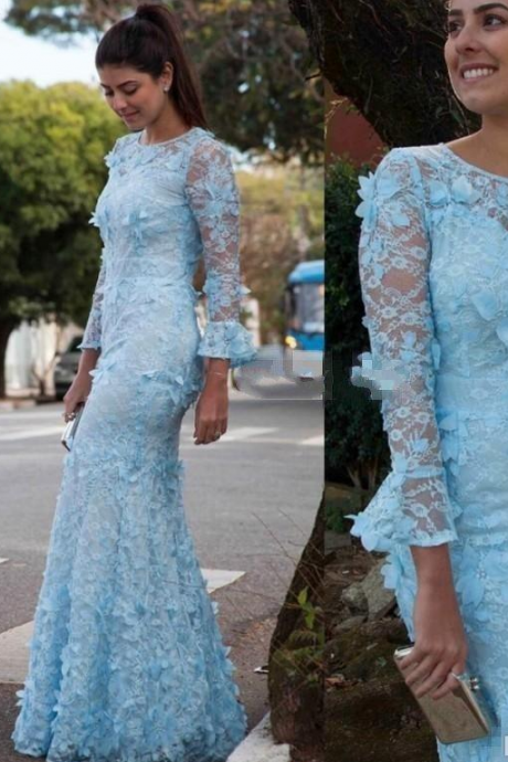 Arabic Mermaid Evening Gowns Jewel Long Sleeve Floor Length Lace Prom Dresses 3d Appliqued Formal Evening Wear Custom Made