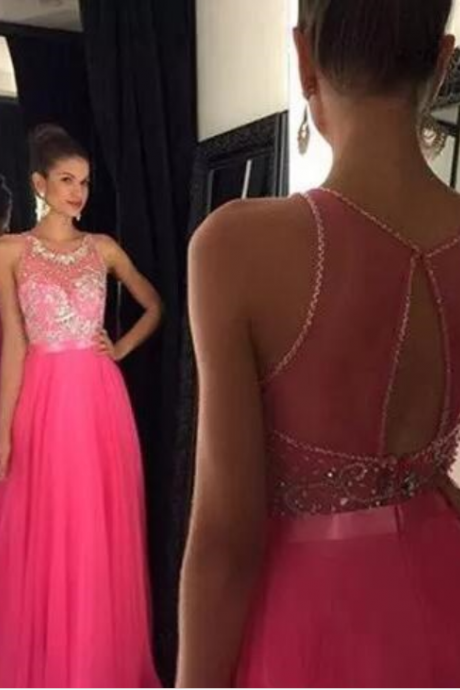 Jewel Sleeveless Backless Chiffon And Crystal A-line Prom Dresses Sweep Train Beading Party Evening Dresses