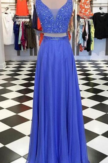 Two-piece Beading Prom Dress,v-neck Blue Prom Dress,,chiffon Long Prom/evening Dress With Beading