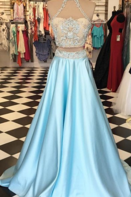Sexy Prom Dress, Prom Dresses,two Piece Prom Dresses,blue Prom Dresses,halter Prom Dresses,blue Prom Dreses,