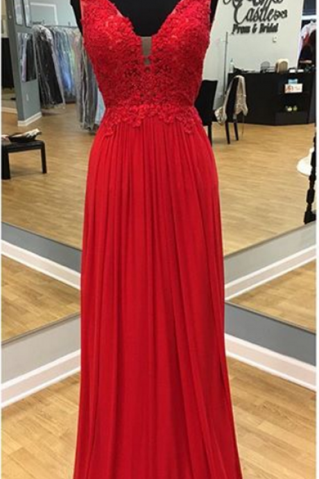 Red Plunging V Neck V Back Chiffon Formal Gown , Prom Dress With Lace Appliques Bodice,deep V Neck Long Red Lace Chiffon Evening Dress,a Line