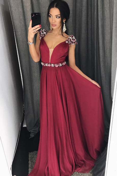Chiffon Prom Dresses,illusion V Neck Long Prom Dress ,with Beaded Flowers In Shoulder And Waist Prom Dress